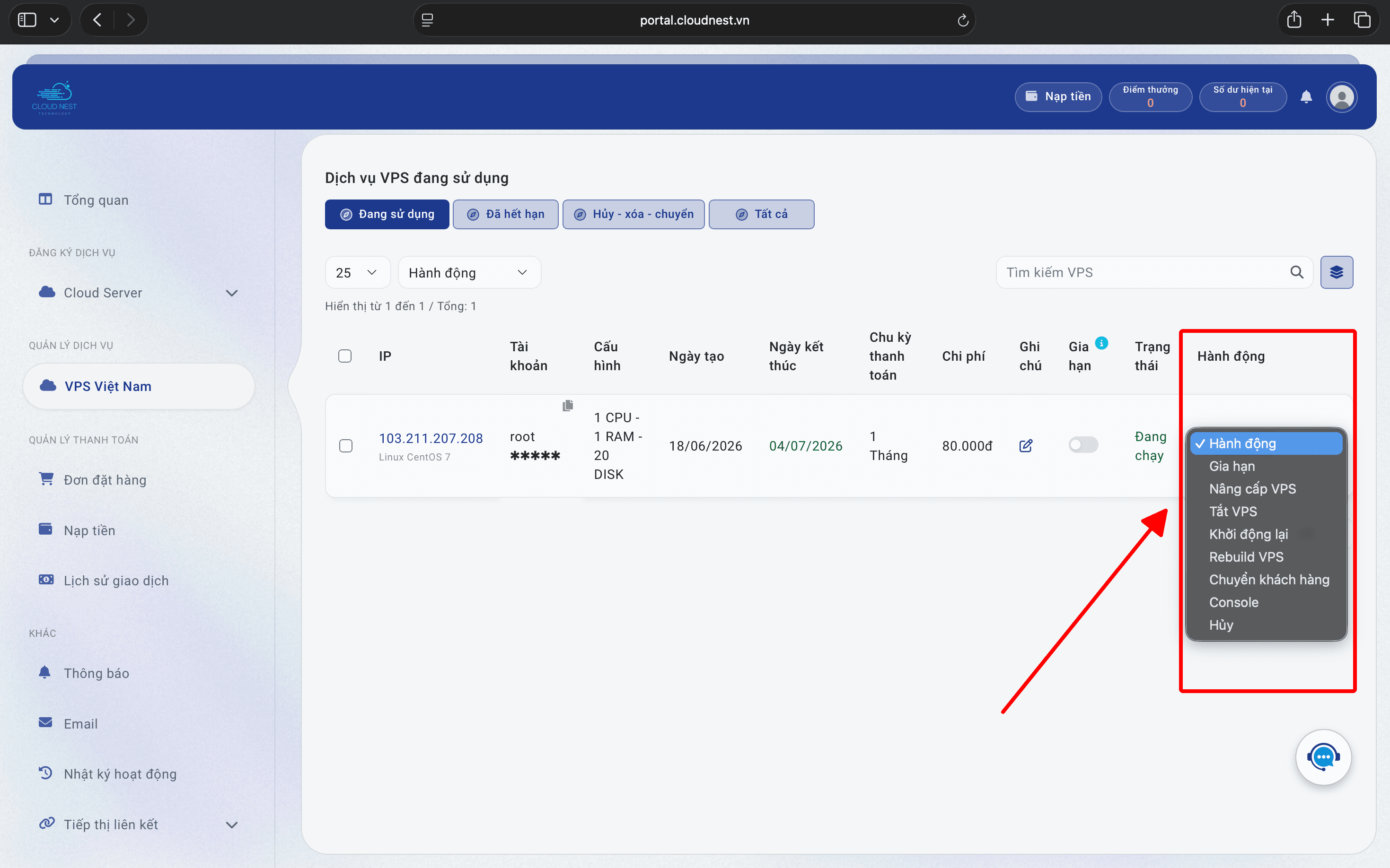 Quản lý dịch vụ VPS