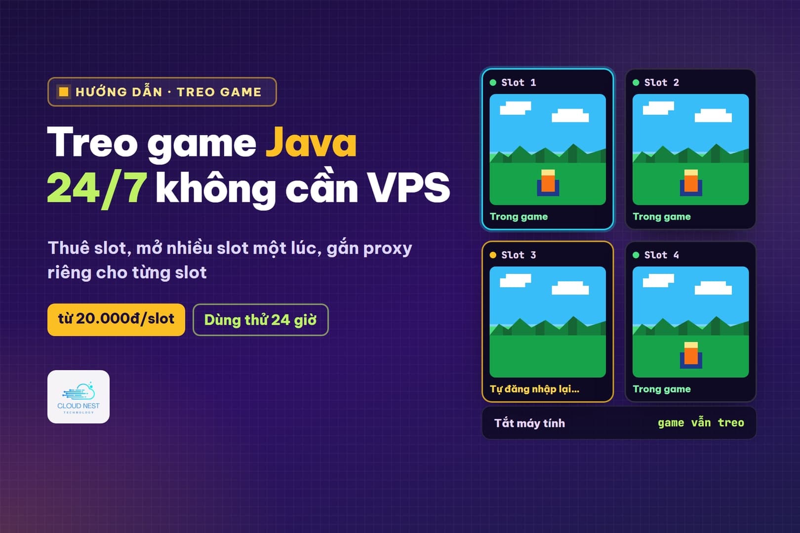 Treo game Java (NRO…) 24/7 không cần VPS: thuê slot, mở nhiều slot, gắn proxy riêng