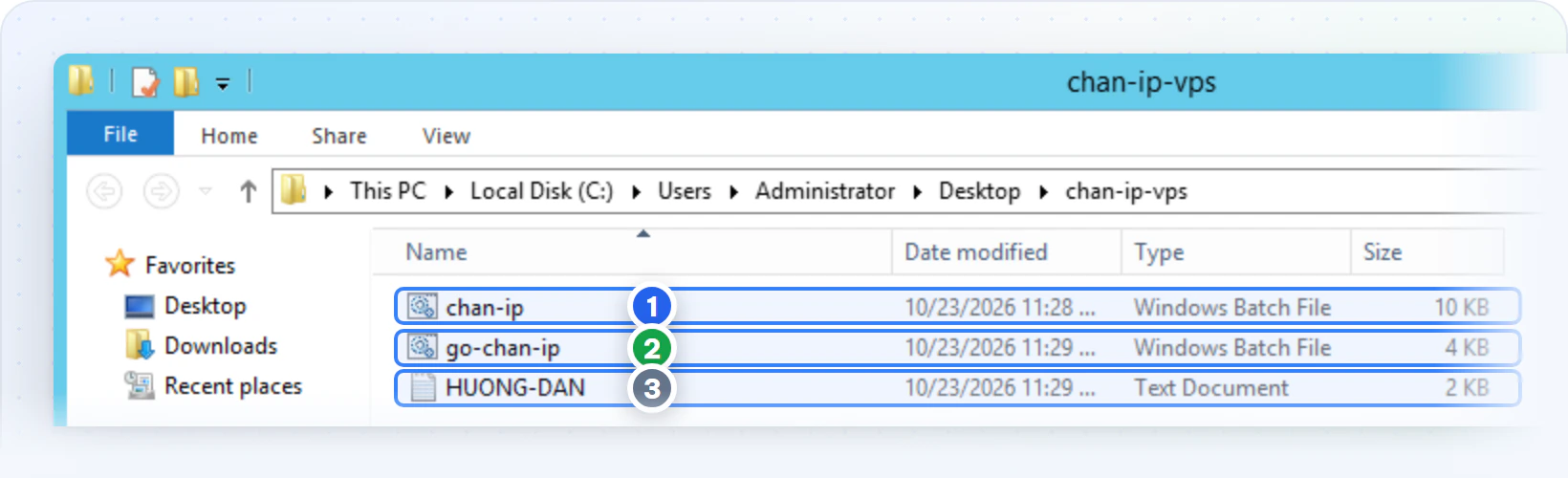 Ba tệp trong bộ công cụ: chan-ip.bat, go-chan-ip.bat và HUONG-DAN.txt