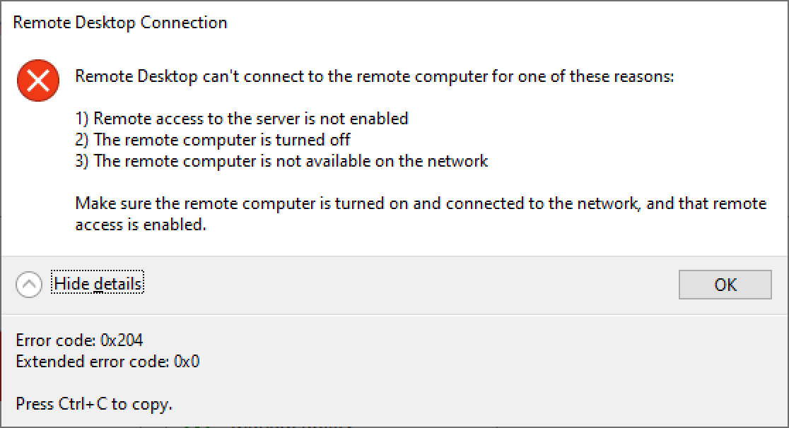 Hộp thoại lỗi Remote Desktop: Remote Desktop can't connect to the remote computer for one of these reasons, Error code 0x204 — chụp thật trên Windows