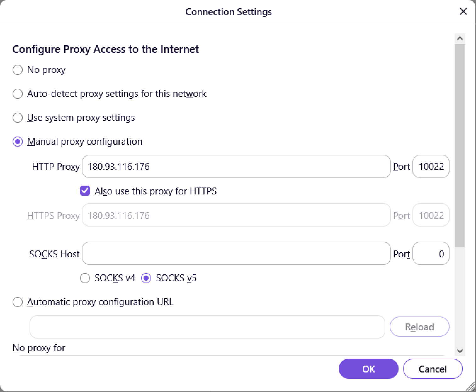 Firefox Connection Settings: Manual proxy configuration, HTTP Proxy 180.93.116.176, Port 10022, Also use this proxy for HTTPS