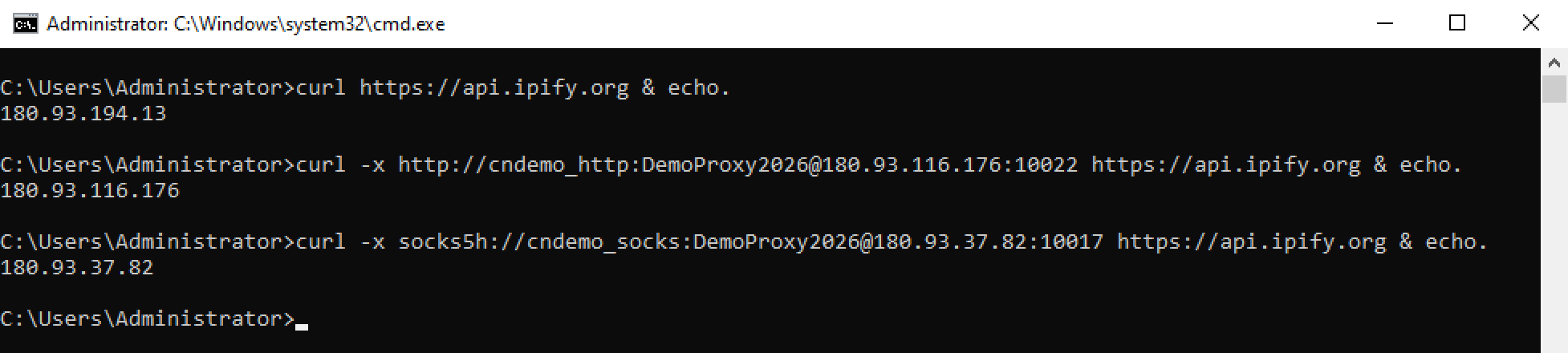 cmd: không proxy ra 180.93.194.13, qua proxy HTTP ra 180.93.116.176, qua SOCKS5 ra 180.93.37.82