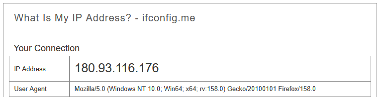 ifconfig.me trên Firefox hiện IP Address 180.93.116.176 — đúng IP của proxy