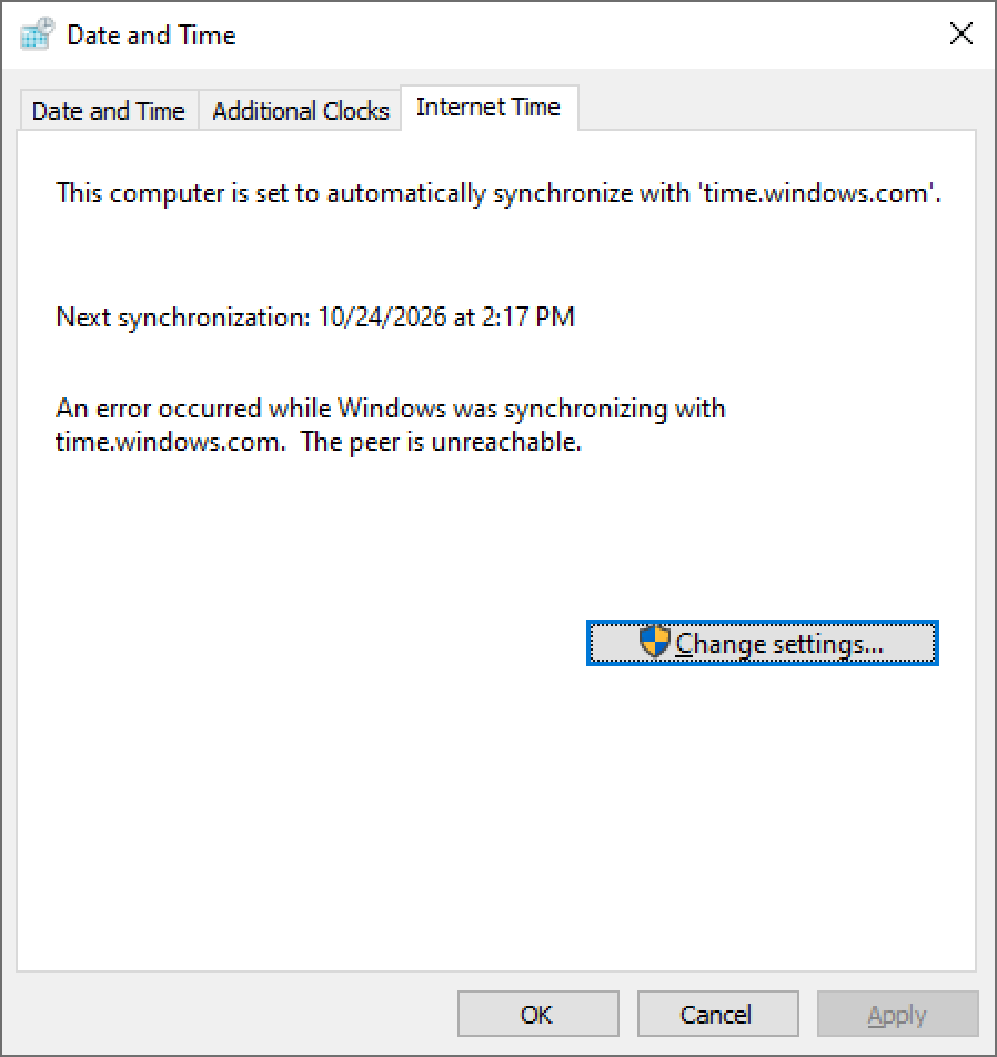 Tab Internet Time của Windows báo lỗi: An error occurred while Windows was synchronizing with time.windows.com. The peer is unreachable.