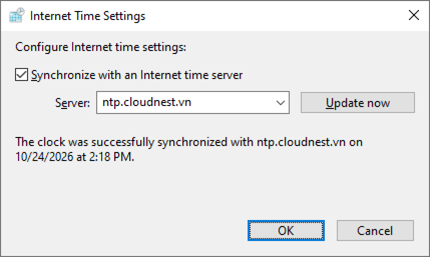 Hộp Internet Time Settings: Server ntp.cloudnest.vn, thông báo The clock was successfully synchronized with ntp.cloudnest.vn on 10/24/2026 at 2:18 PM