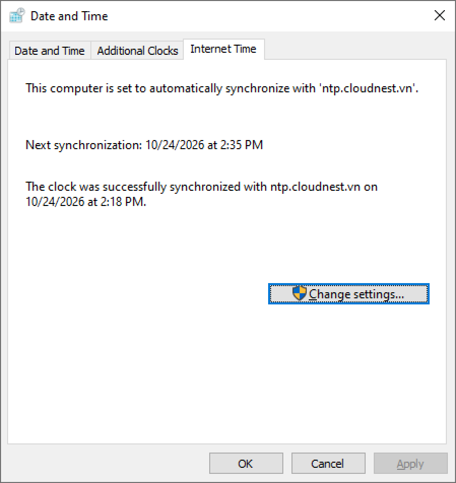 Tab Internet Time: This computer is set to automatically synchronize with ntp.cloudnest.vn, Next synchronization 2:35 PM, đồng bộ thành công lúc 2:18 PM