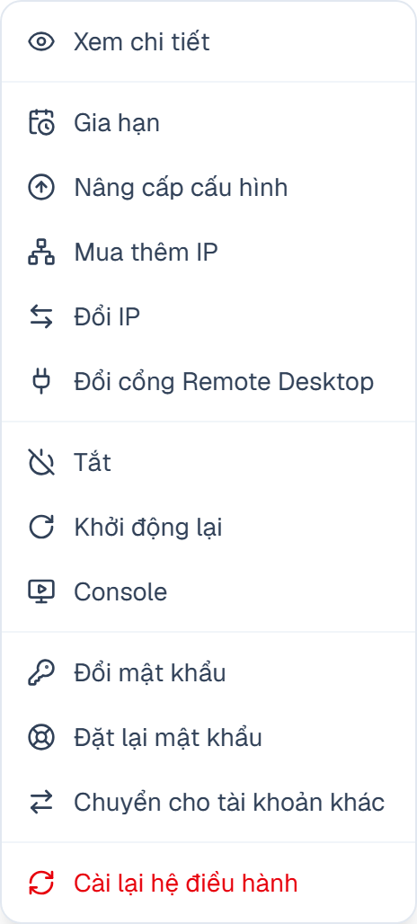 Menu Hành động của VPS trên Portal CloudNest có mục Đổi cổng Remote Desktop