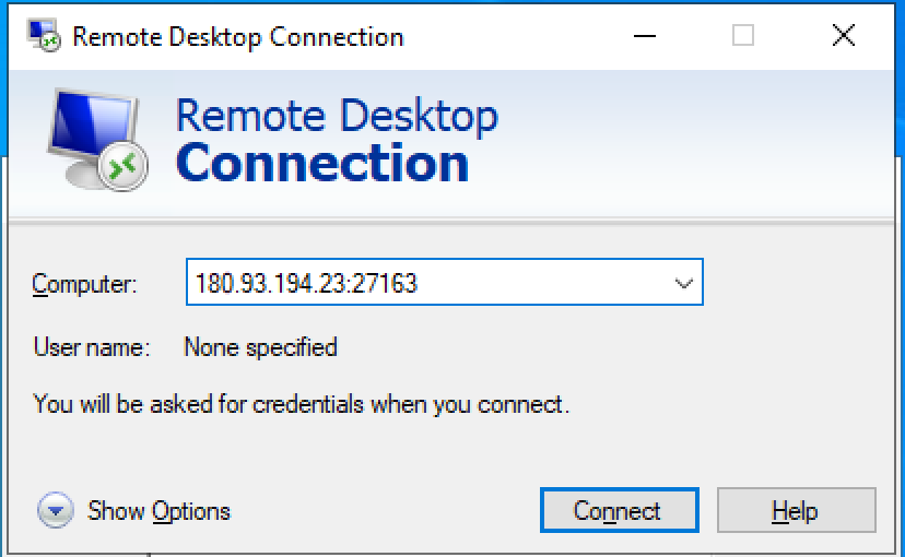 Remote Desktop Connection, ô Computer ghi 180.93.194.23:27163