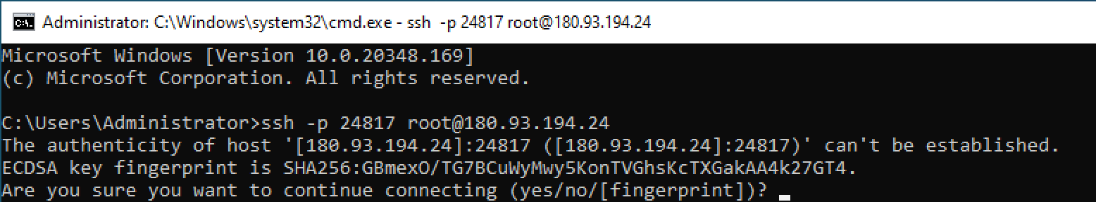 Command Prompt chạy ssh -p 24817 root@180.93.194.24, máy hỏi xác nhận khoá của máy chủ lần đầu