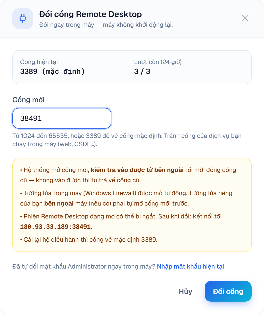 Hộp Đổi cổng Remote Desktop: cổng hiện tại 3389 (mặc định), lượt còn 3/3, cổng mới 38491, nút Đổi cổng