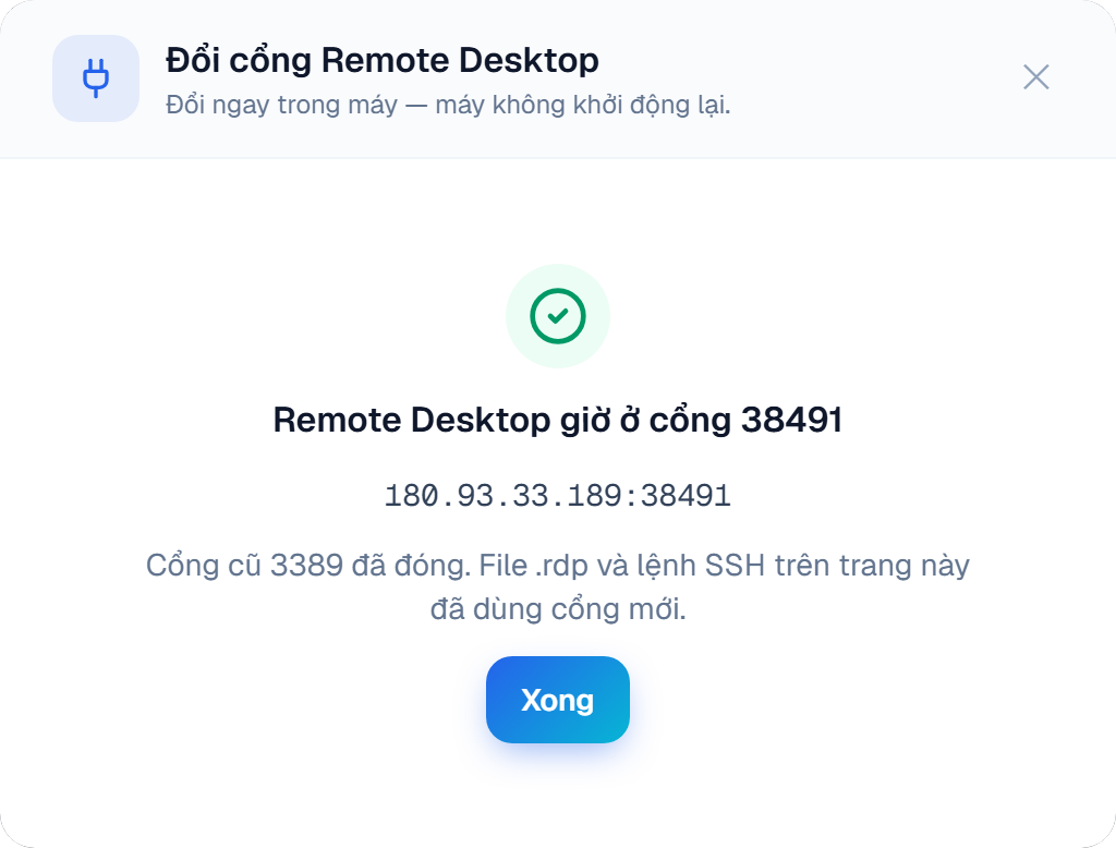 Remote Desktop giờ ở cổng 38491, cổng cũ 3389 đã đóng