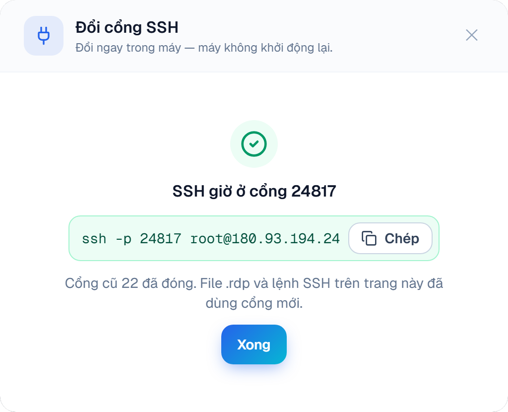 SSH giờ ở cổng 24817, lệnh ssh -p 24817 root@180.93.194.24 kèm nút Chép