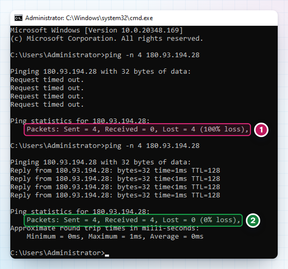 Command Prompt ping tới VPS Windows: trước khi bật luật mất 100% gói, sau khi bật mất 0%
