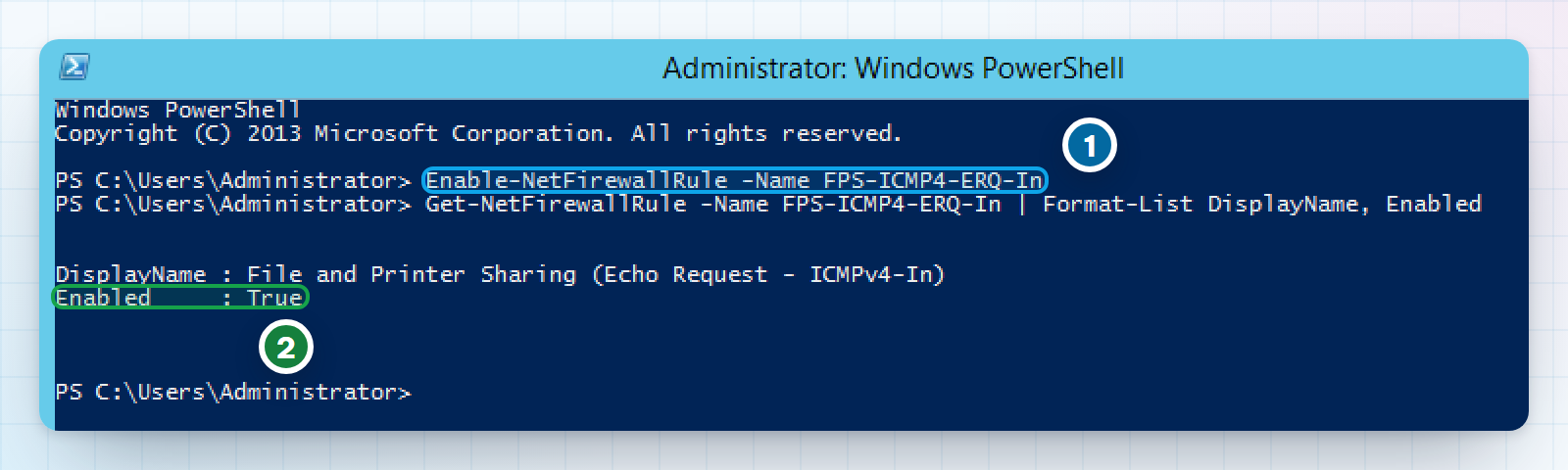 PowerShell trên VPS Windows Server 2012 R2: lệnh Enable-NetFirewallRule bật luật trả lời ping, kiểm tra thấy Enabled : True