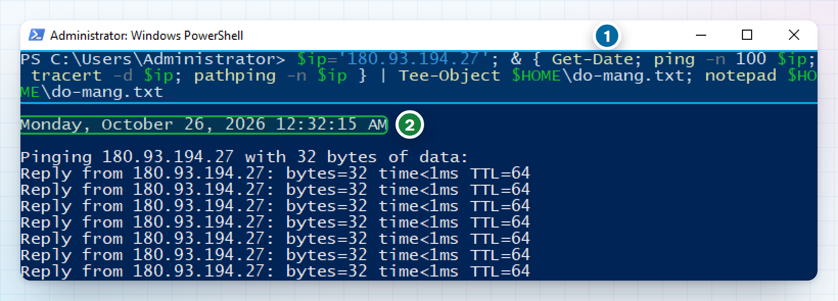 PowerShell chạy lệnh đo ping, tracert, pathping và lưu kết quả vào tệp do-mang.txt