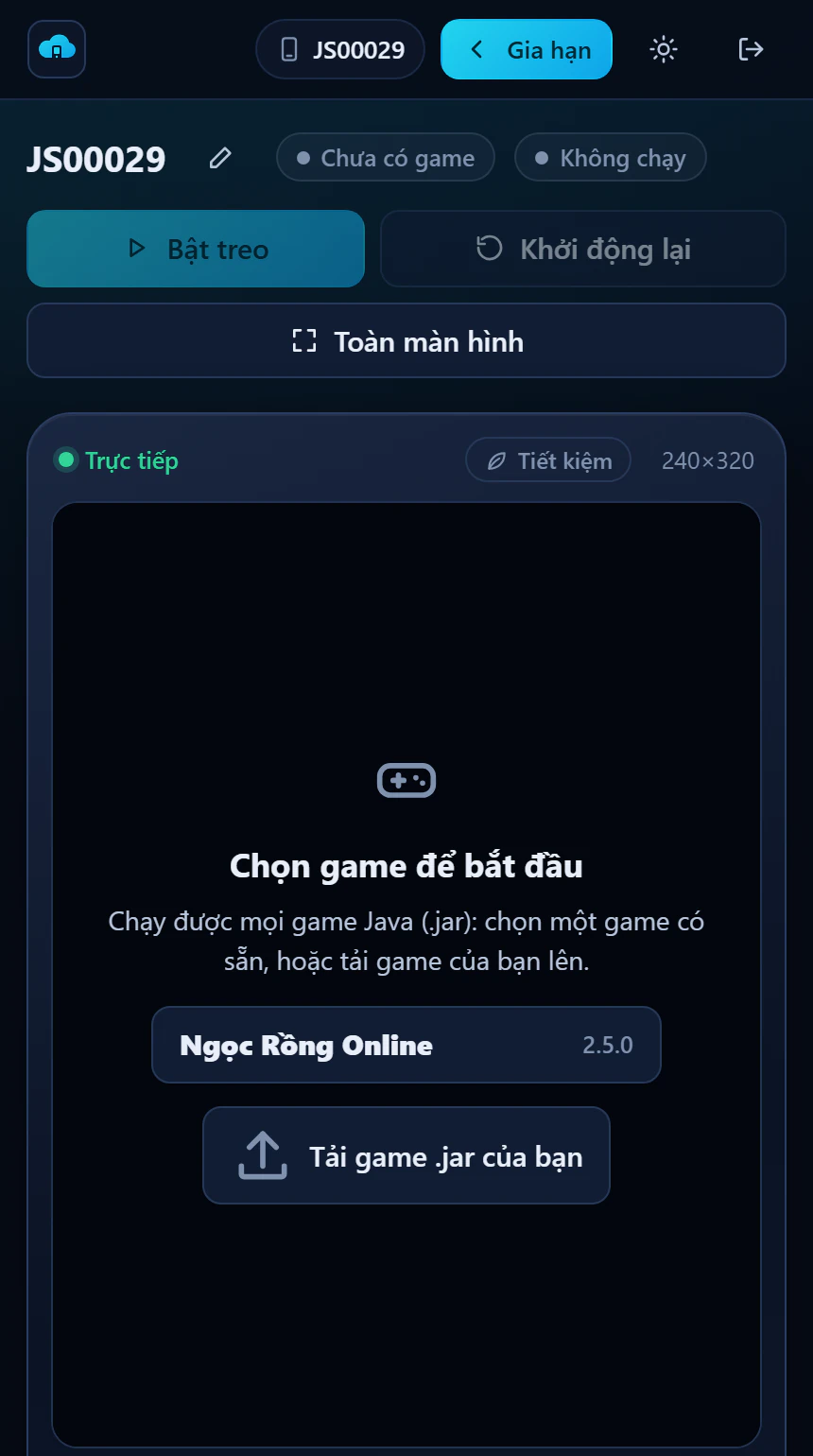 Màn hình slot mới: Chọn game để bắt đầu, nút Ngọc Rồng Online 2.5.0 và Tải game .jar của bạn