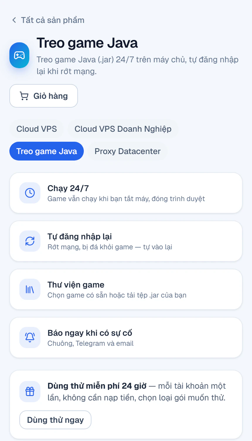 Trang Treo game Java trên Portal: chạy 24/7, tự đăng nhập lại, thư viện game, báo sự cố và nút Dùng thử ngay