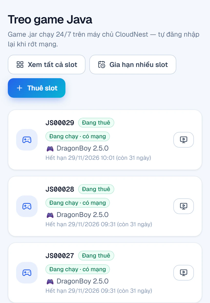 Danh sách slot treo game trên Portal với nút Xem tất cả slot, Gia hạn nhiều slot, Thuê slot