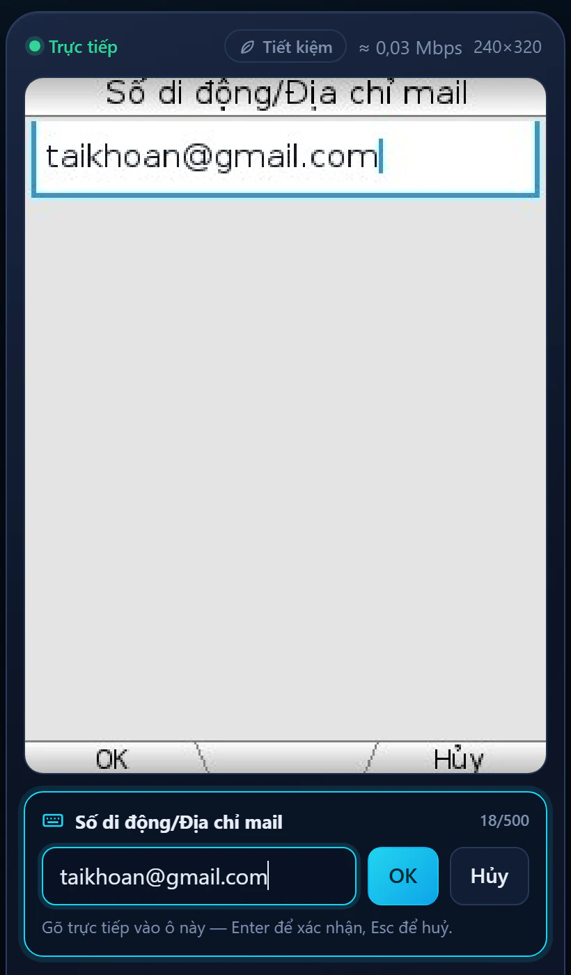 Ô Số di động/Địa chỉ mail của game, thanh gõ chữ bên dưới đang nhập taikhoan@gmail.com