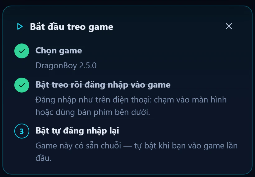 Khung Bắt đầu treo game với 3 bước: Chọn game, Bật treo rồi đăng nhập, Bật tự đăng nhập lại