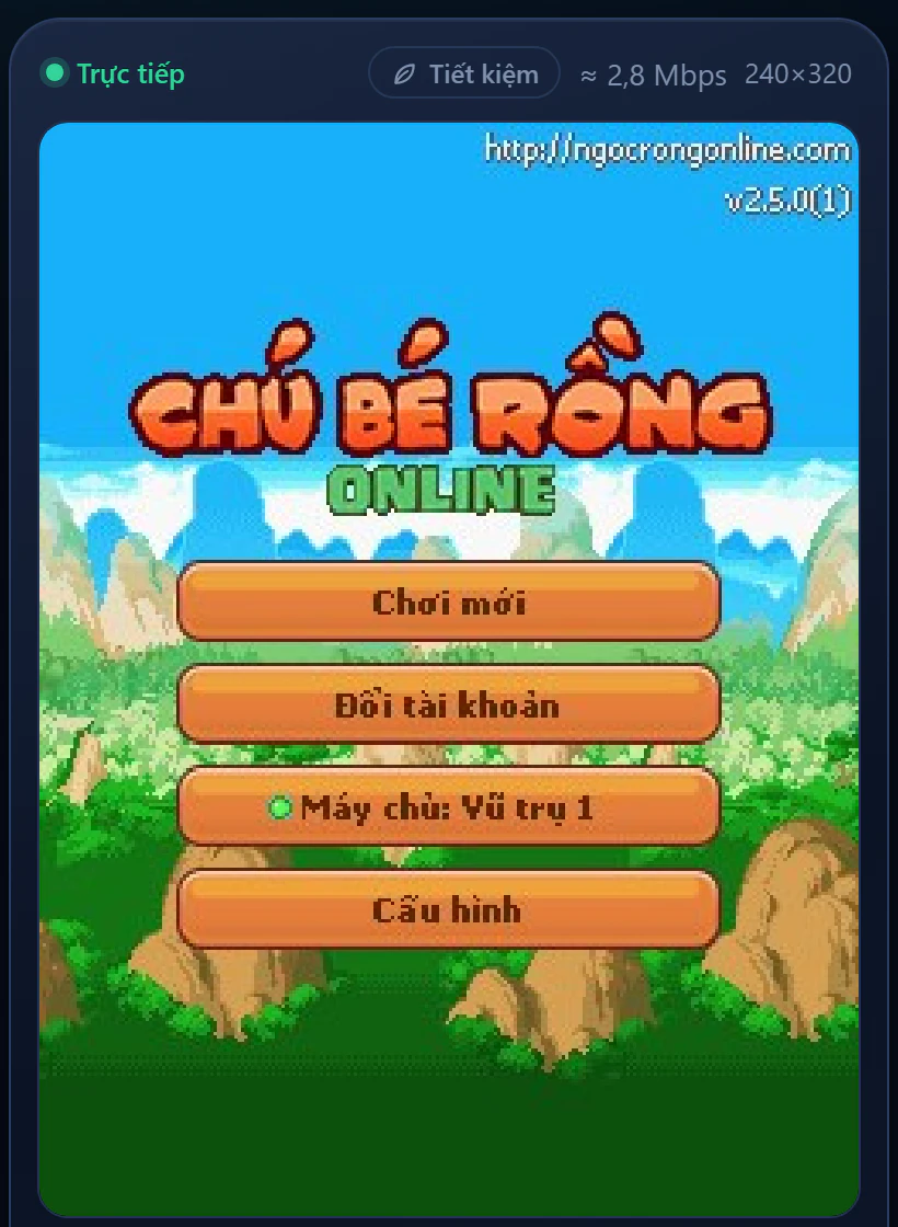 Menu Ngọc Rồng Online trên slot: Chơi mới, Đổi tài khoản, Máy chủ, Cấu hình