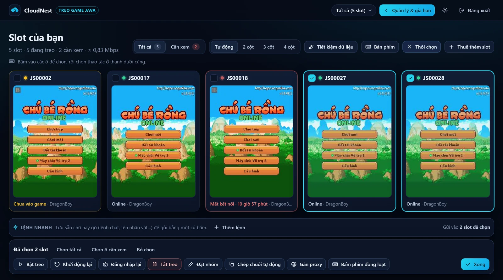 Màn xem tất cả slot: 5 ô Ngọc Rồng Online trực tiếp, 2 ô đang được chọn, thanh thao tác Bật treo, Khởi động lại, Đăng nhập lại, Tắt treo, Đặt nhóm, Chép chuỗi tự động, Gán proxy, Bấm phím đồng loạt