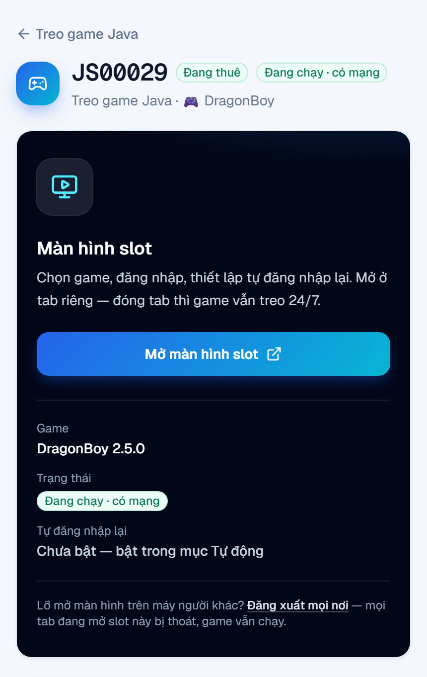 Trang slot JS00029 trên Portal với khung Màn hình slot và nút Mở màn hình slot