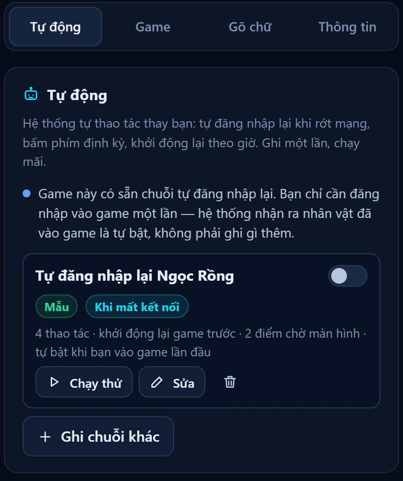 Mục Tự động của slot: chuỗi Tự đăng nhập lại Ngọc Rồng, nhãn Mẫu và Khi mất kết nối