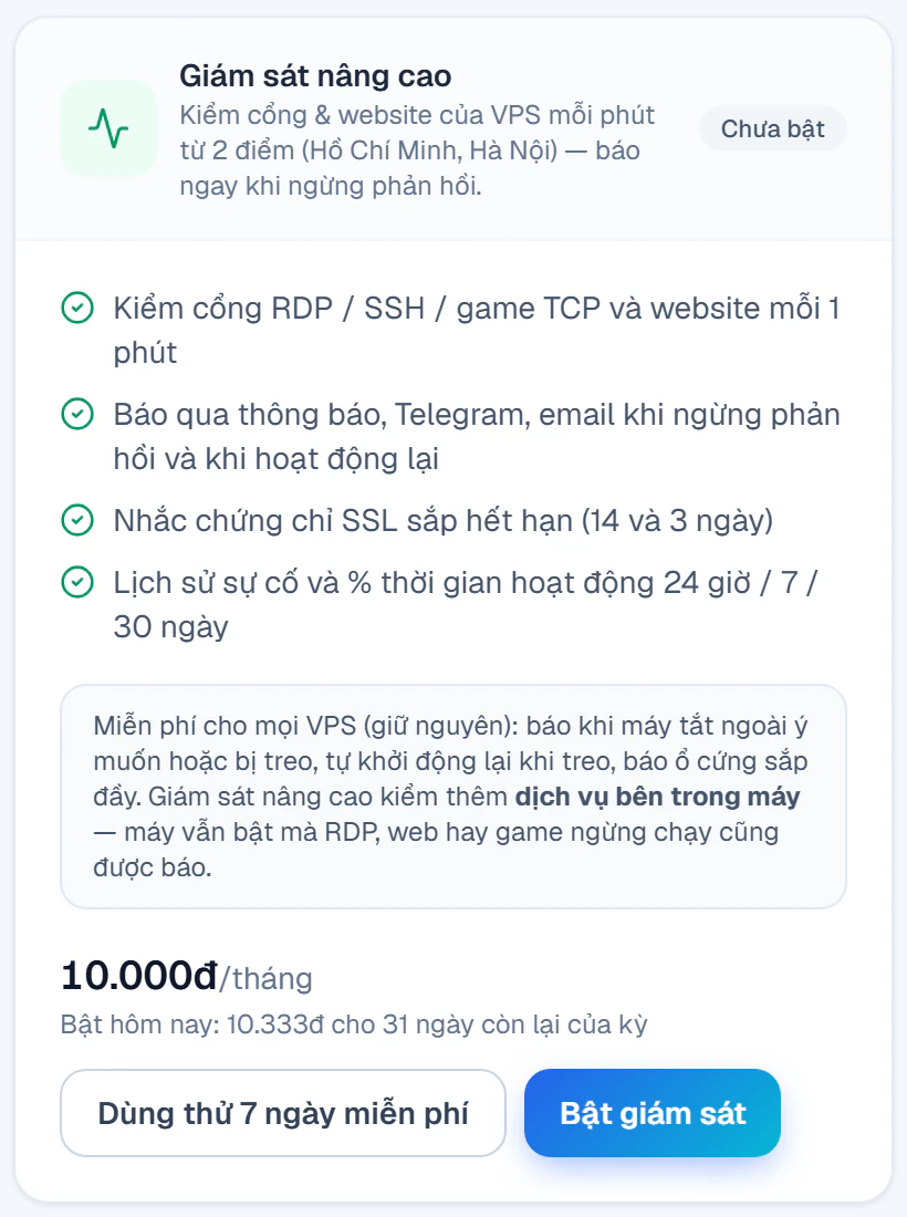 Tab Giám sát của VPS khi chưa bật: các tính năng, giá 10.000đ/tháng, nút Dùng thử 7 ngày miễn phí và Bật giám sát