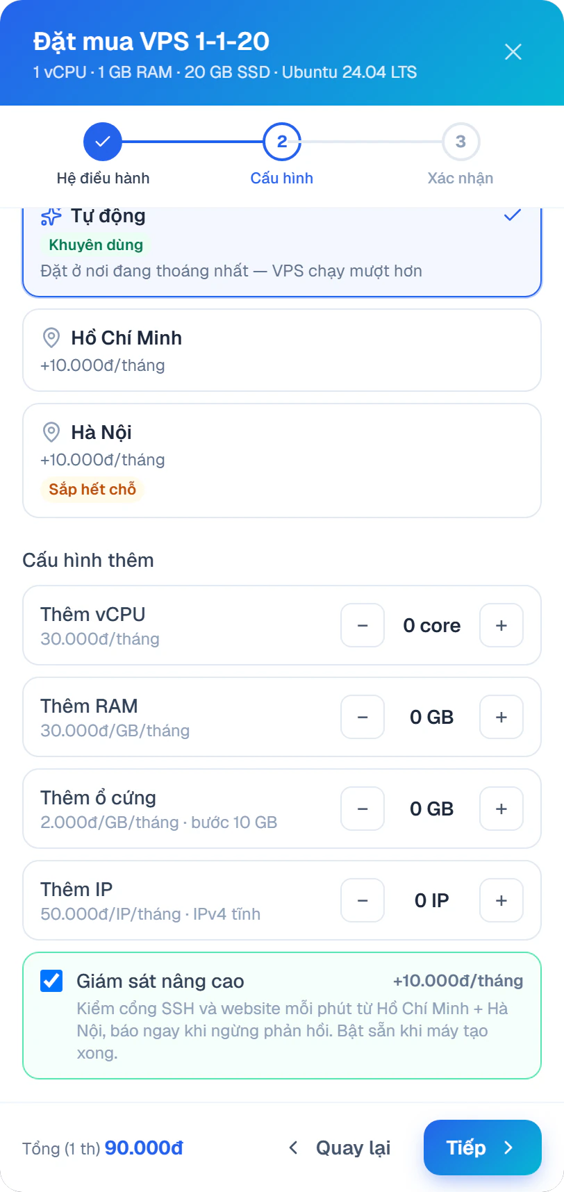 Bước 2 của hộp đặt mua VPS 1-1-20 Ubuntu với ô Giám sát nâng cao đã tích, tổng 90.000đ