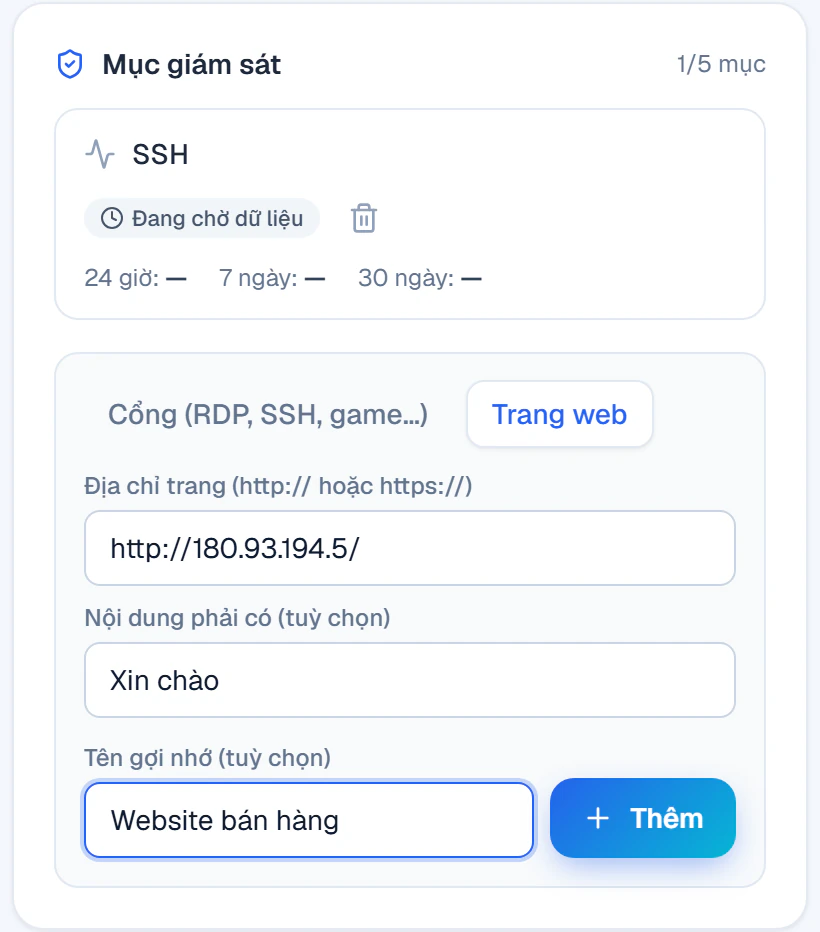 Khung Mục giám sát: mục SSH đã thêm, đang nhập mục Trang web với địa chỉ, nội dung phải có Xin chào và tên Website bán hàng