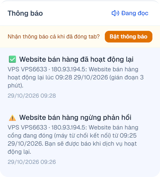 Chuông thông báo trên Portal: Website bán hàng ngừng phản hồi lúc 09:26 và đã hoạt động lại lúc 09:28, gián đoạn 3 phút