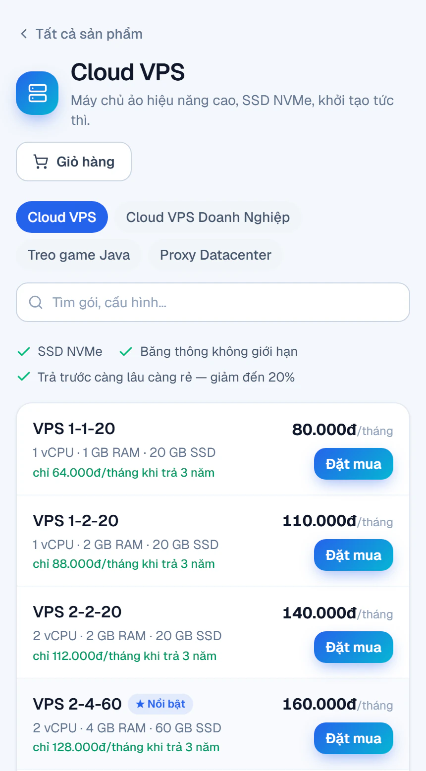 Bảng giá Cloud VPS trên Portal CloudNest với nút Đặt mua ở từng gói