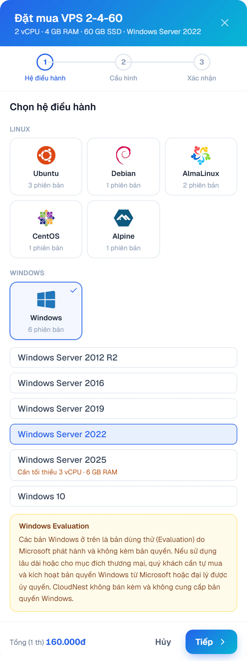Bước 1 của hộp đặt mua VPS: chọn Windows Server 2022 trong nhóm Windows