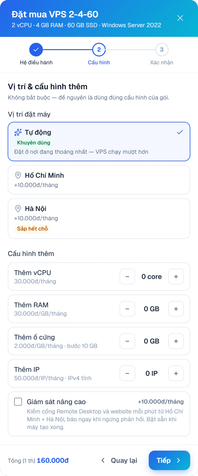 Bước 2 của hộp đặt mua VPS: vị trí Tự động, Hồ Chí Minh, Hà Nội và các ô thêm vCPU, RAM, ổ cứng, IP