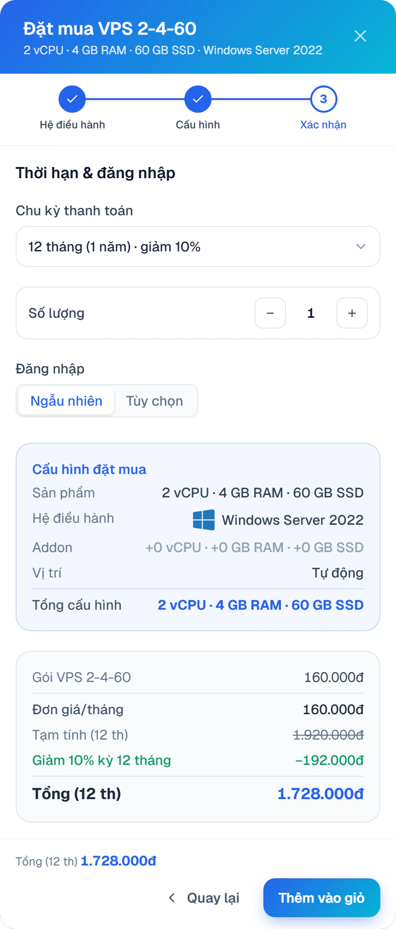 Bước 3 của hộp đặt mua VPS: chu kỳ 12 tháng giảm 10%, tổng 1.728.000đ