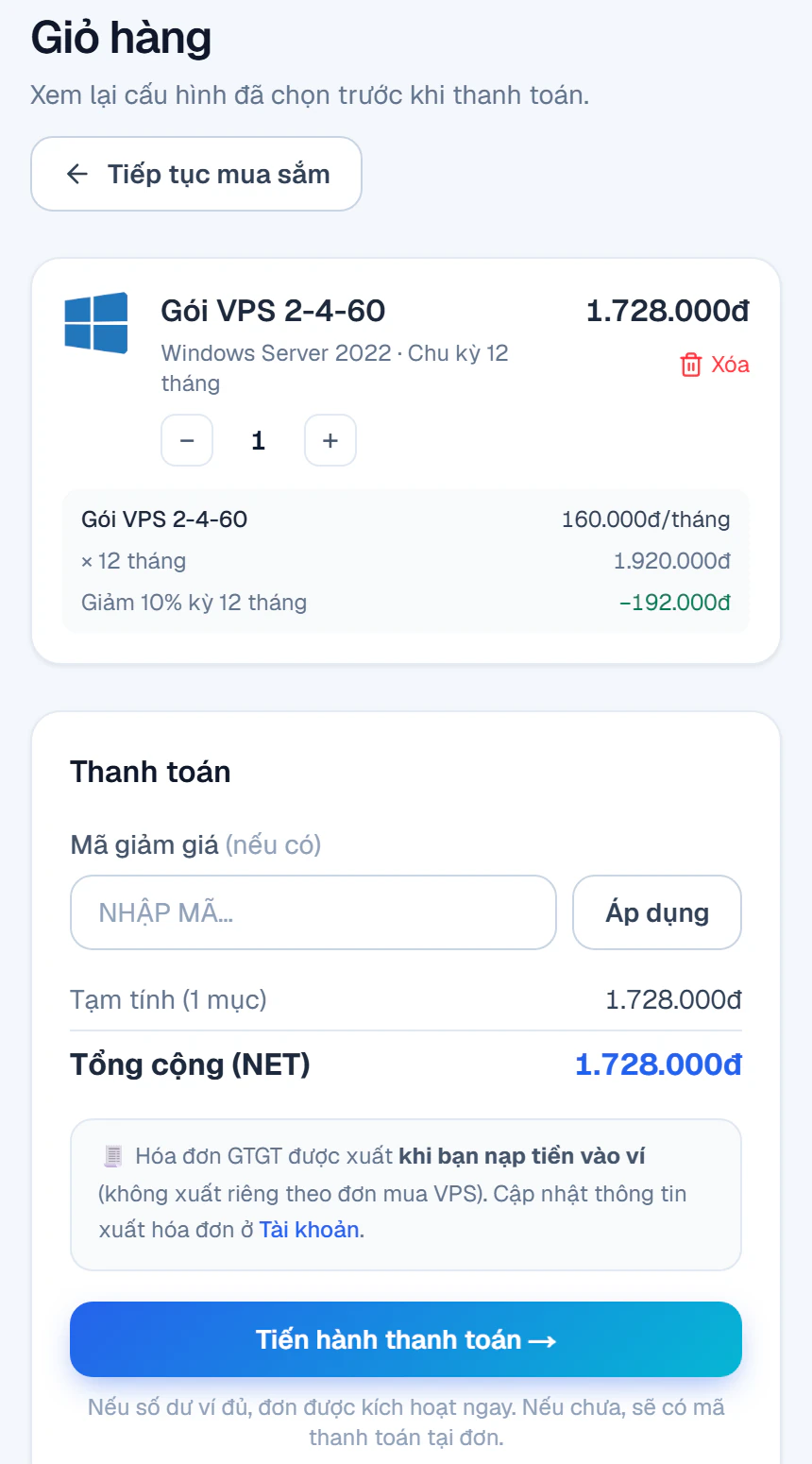 Giỏ hàng trên Portal với gói VPS 2-4-60 Windows Server 2022 12 tháng, tổng 1.728.000đ