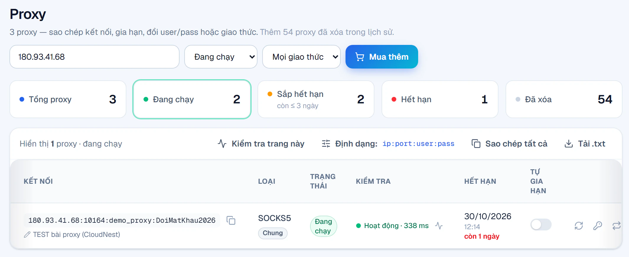 Trang Proxy trên Portal: tìm 180.93.41.68, một proxy SOCKS5 loại Chung đang chạy, kiểm tra Hoạt động 338 ms, hết hạn 30/10/2026, các nút gia hạn, đổi mật khẩu, đổi giao thức