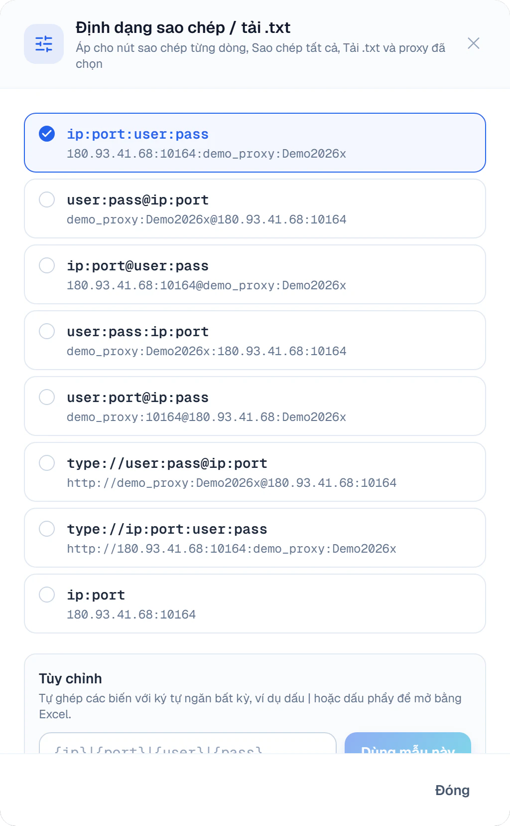 Hộp Định dạng sao chép / tải .txt với 8 kiểu dòng proxy có ví dụ và ô Tùy chỉnh