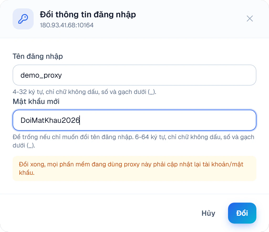 Hộp Đổi thông tin đăng nhập: tên đăng nhập demo_proxy, mật khẩu mới DoiMatKhau2026, lưu ý phần mềm phải cập nhật lại