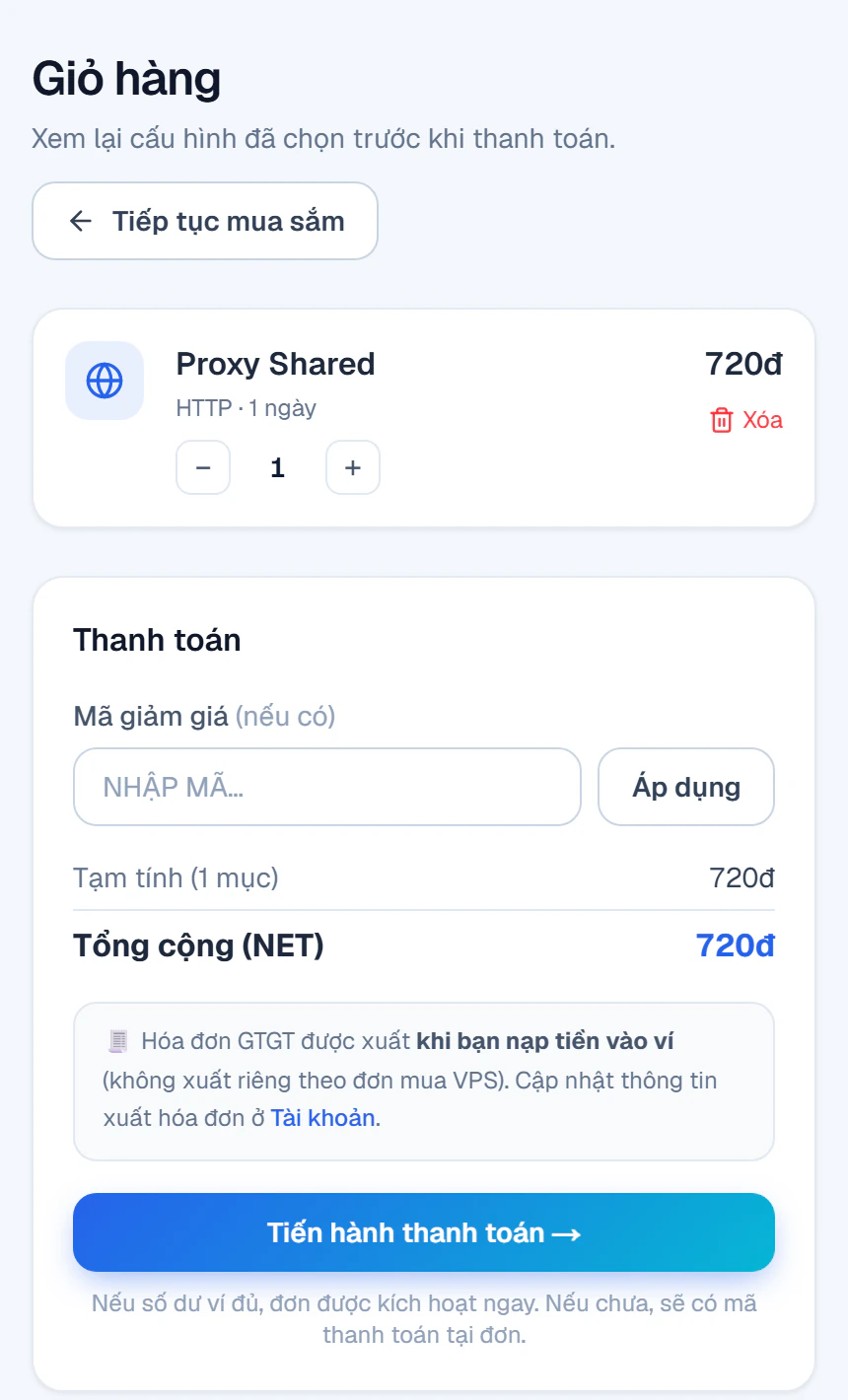 Giỏ hàng có Proxy Shared HTTP 1 ngày, tổng 720đ, nút Tiến hành thanh toán