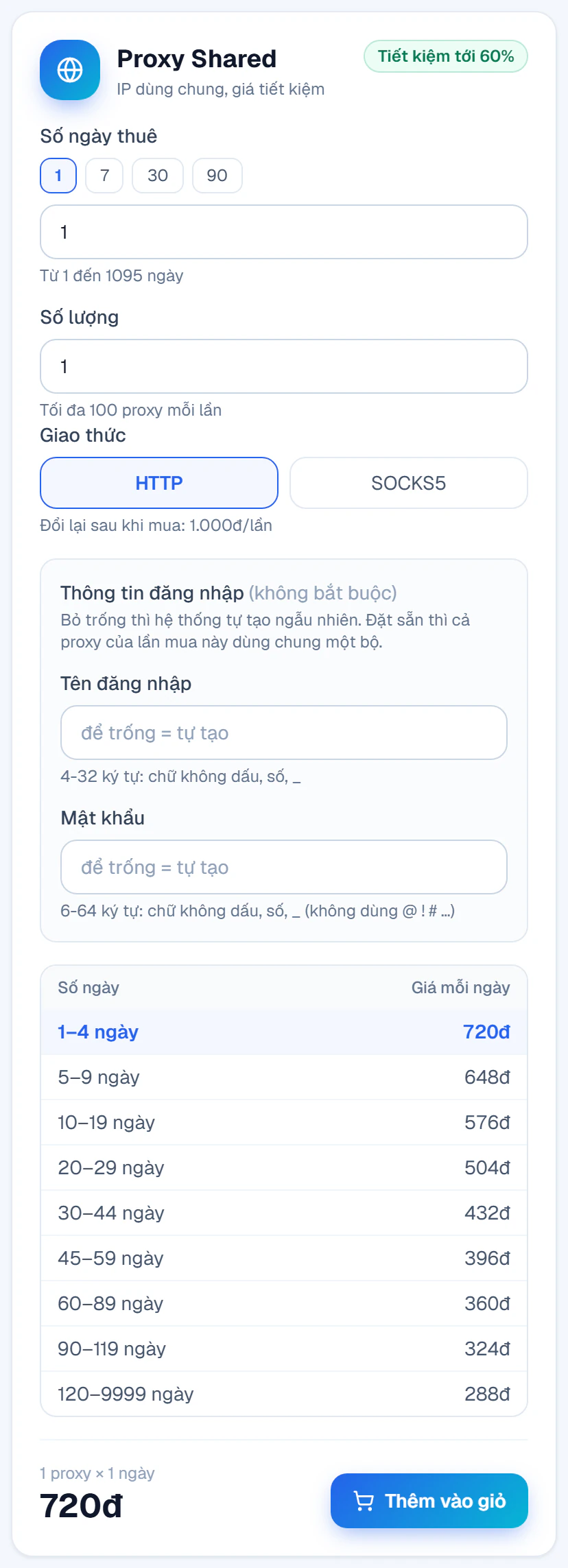 Thẻ Proxy Shared trên Portal: chọn 1 ngày, số lượng 1, giao thức HTTP, ô tên đăng nhập và mật khẩu để trống, bảng giá theo số ngày, tổng 720đ