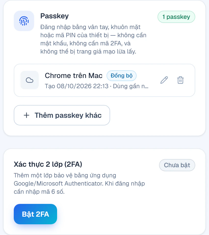 Thẻ Passkey và Xác thực 2 lớp (2FA) trong mục Bảo mật của tài khoản trên Portal